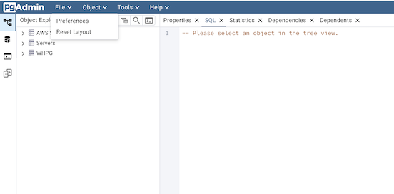 pgAdmin file menu bar
