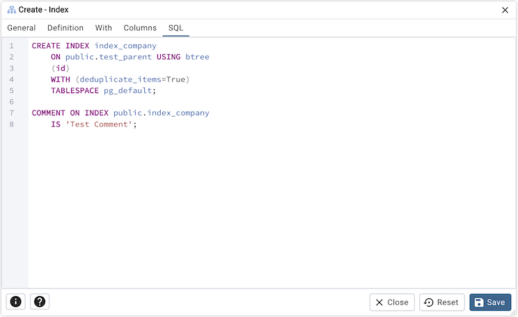 Index dialog sql tab